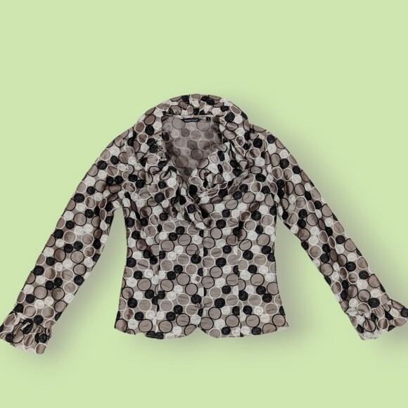 Samuel Dong Womens Circle Pattern Ruffle Blazer Jacker Brown White Black S - Picture 3 of 5